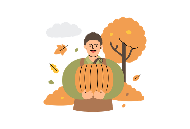 秋のカボチャを持って立つ農夫  イラスト
