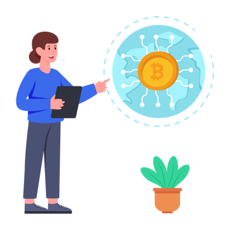 여성이 비트코인 네트워크에 참여한다  일러스트레이션