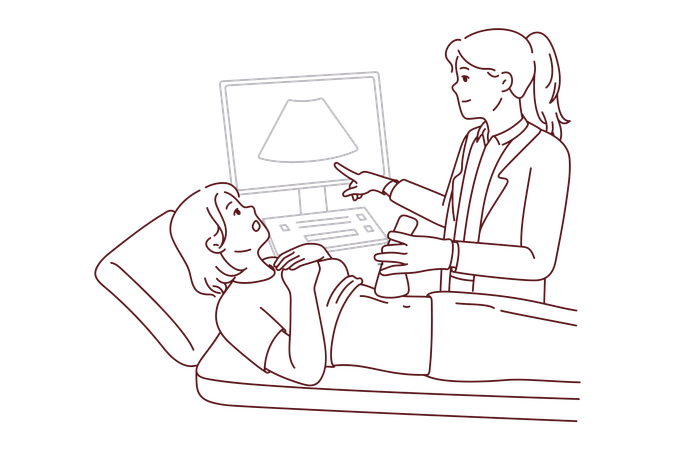 病院で赤ちゃんの超音波検査をしている妊婦  イラスト