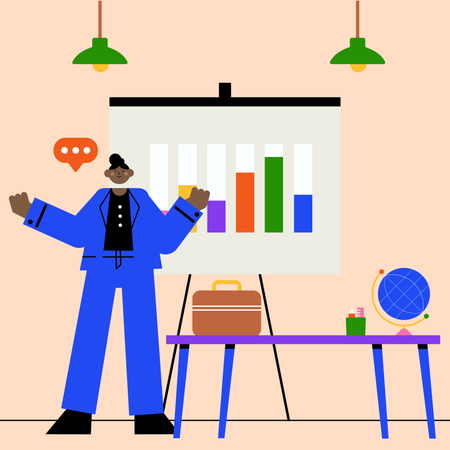 재무 차트를 제시하는 여성  일러스트레이션