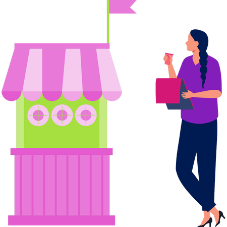 매표소 근처에 서있는 소녀  일러스트레이션