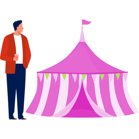 서커스를 보며 주스를 즐기는 소년  일러스트레이션