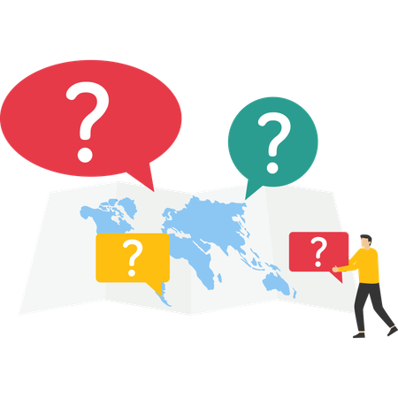 ビジネスマンが世界地図に新たな疑問符を付ける  イラスト
