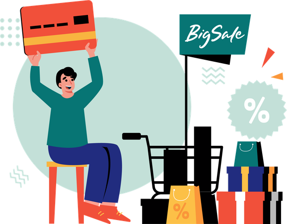 大セールで買い物をする男性  イラスト
