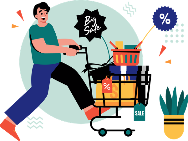 割引商品のカートを運ぶ若い男性  イラスト