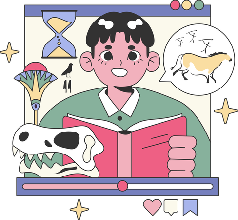 歴史的事実と物語に関するビデオを制作する少年  イラスト