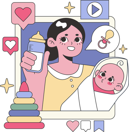 母親がデジタルメディアを通じて育児アドバイスや乳児のケアを共有  イラスト