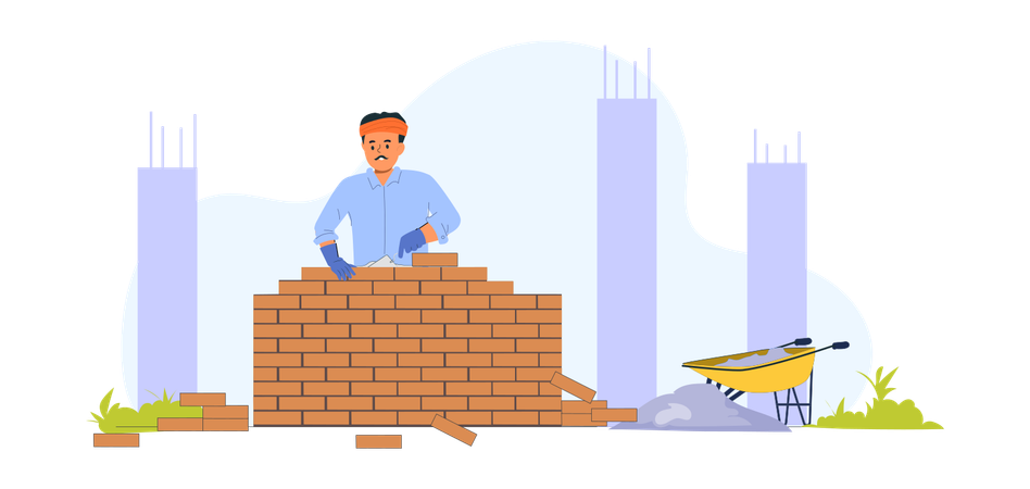 建設現場でレンガの壁を作る男性  イラスト
