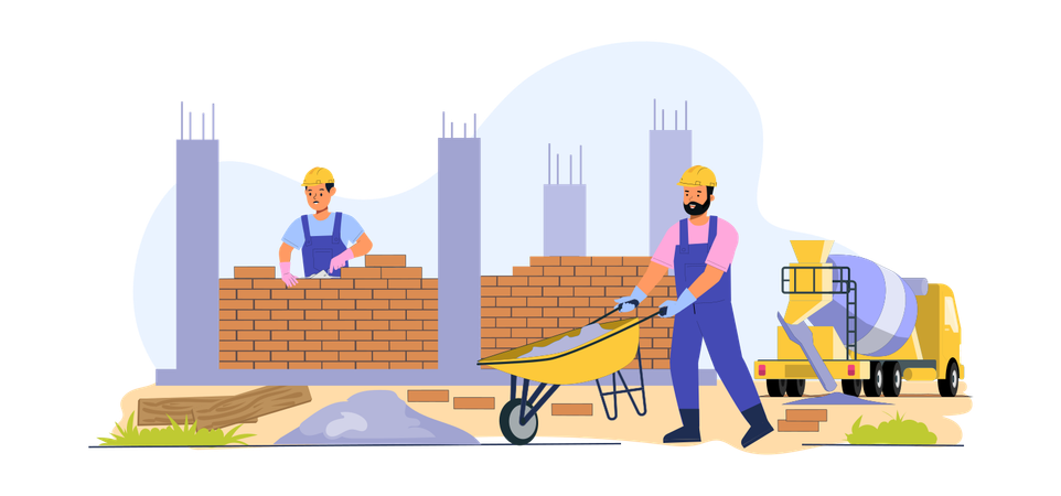 レンガの壁を作る建設作業員  イラスト