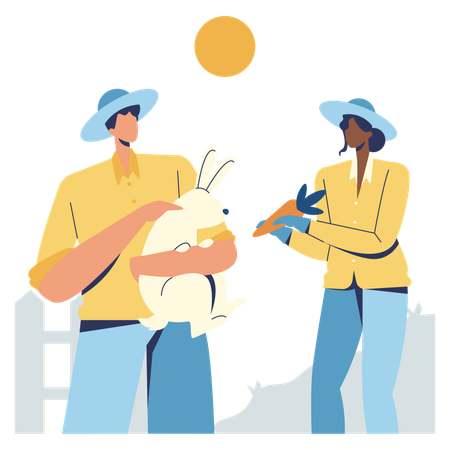 ウサギを抱く男性農夫  イラスト