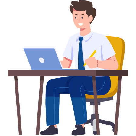 ノートパソコンを使って勉強する学生  イラスト