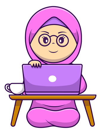 熱いコーヒーカップを手にノートパソコンを操作するイスラム教徒の少女  イラスト