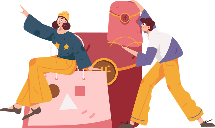 買い物割引を受ける女の子と男の子  イラスト