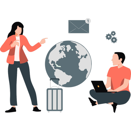 旅行の計画を立てる若い男女  イラスト