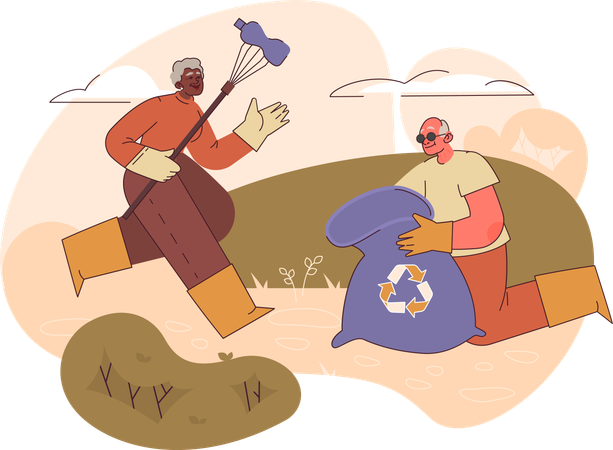 ゴミを収集する老人  イラスト