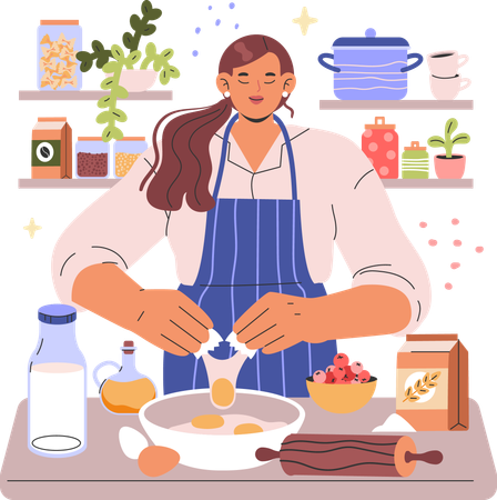 キッチンで料理をする女性  イラスト