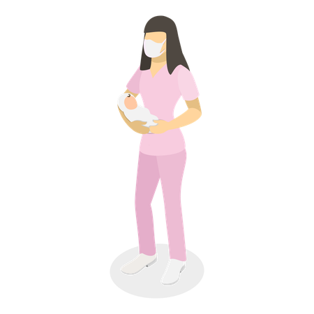 生まれた赤ちゃんを抱く女性  イラスト