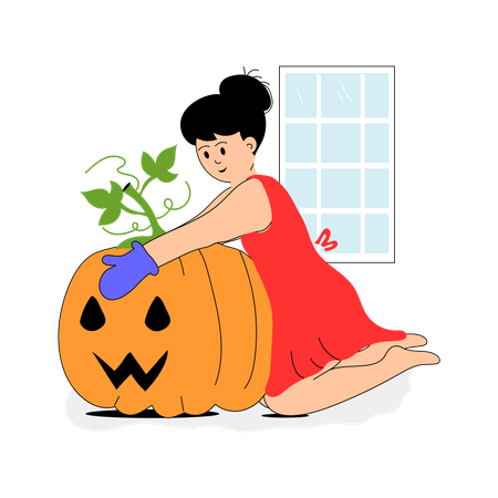ハロウィーンのカボチャを準備する女性  イラスト
