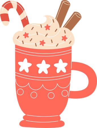 マグカップに入ったジンジャーブレッドクッキー入りのホットクリスマスコーヒー  イラスト