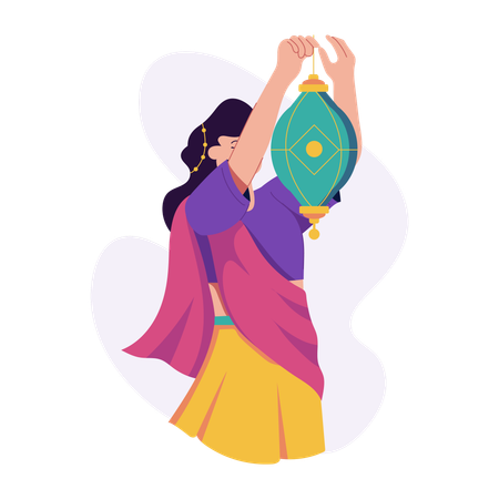 ランタンを吊るすインド人女性  イラスト