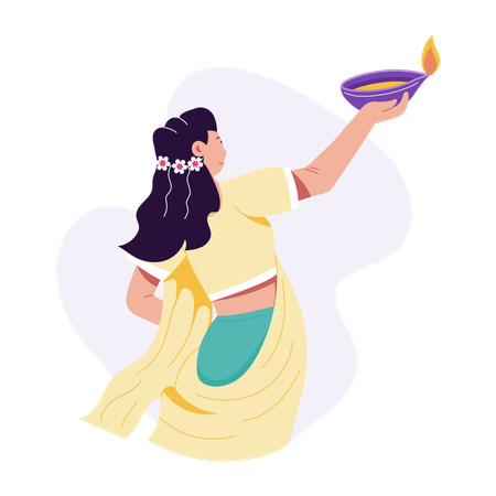 石油ランプを持つインド人女性  イラスト