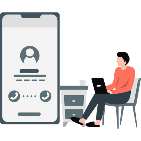 携帯電話の画面にオンライン通話を表示している男性  イラスト