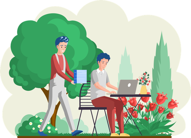 市内の公園のベンチに座ってノートパソコンで作業している男性  イラスト
