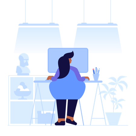 コンピューターで作業する女性  イラスト