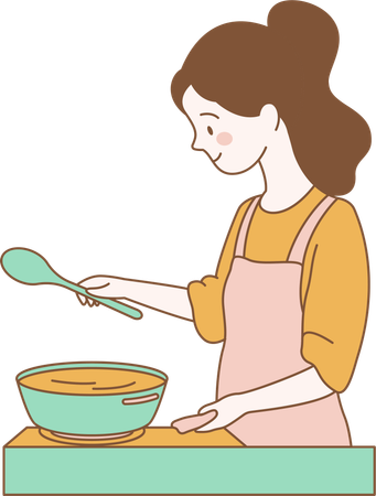 かわいい女性がキッチンでフライパンを使って料理をしている  イラスト