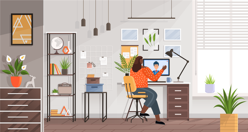 自宅でコンピューターで作業するフリーランサーの女性  イラスト