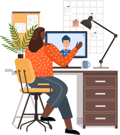 自宅でコンピューターで作業する女性  イラスト