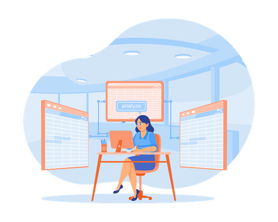 オフィスでコンピューターを操作する女性  イラスト