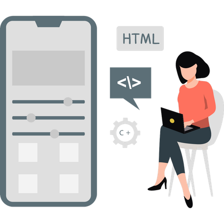コンピューターコーディングに取り組んでいる女性  イラスト