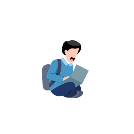 ノートパソコンを使用する男子生徒  イラスト