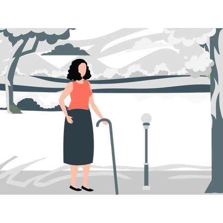 盲目の女性が庭を散歩する  イラスト