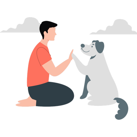 庭で犬と遊ぶ男の子  イラスト