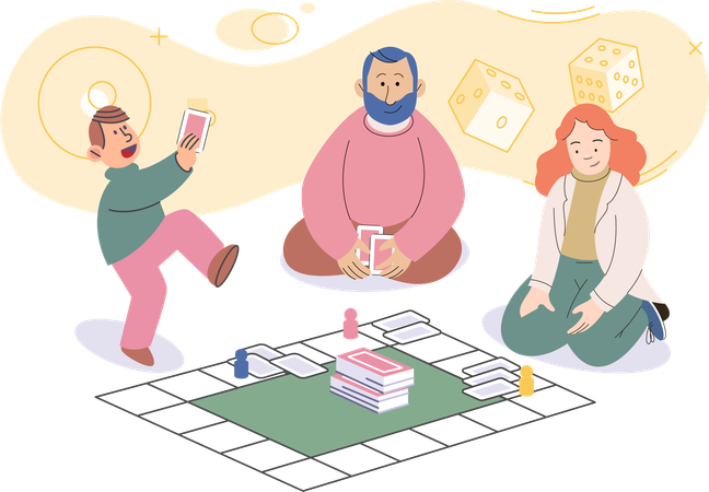 家族でボードゲームで遊ぶインドホーム  イラスト