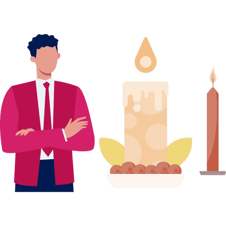 火のついたろうそくを見つめる男性  イラスト