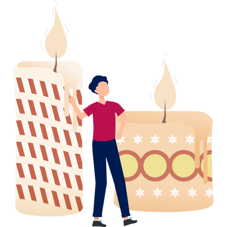家の装飾キャンドルを指差す少年  イラスト