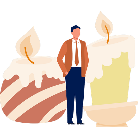 黄色い垂れ下がるろうそくを見せる男性  イラスト