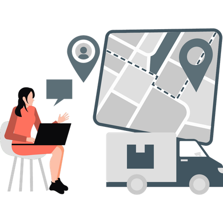 女性が地図上の位置を追跡している  イラスト