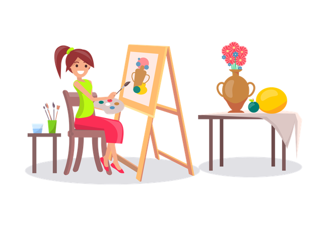 パレットを手に持ち、筆で花瓶と果物の静物画を描く女の子  イラスト