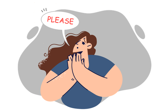 無力な女性が「お願いします」と言いながら哀れな表情を浮かべている  イラスト