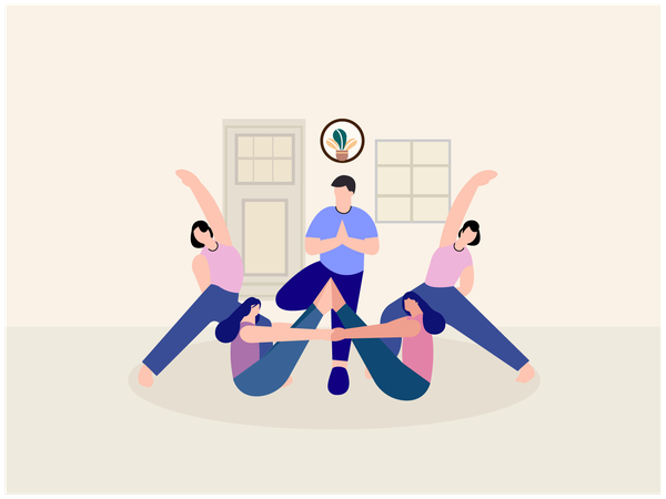 ヨガ教室でヨガをする人々  イラスト