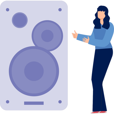音楽スピーカーを指差す女性  イラスト