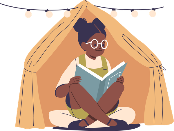 居心地の良いテントの中で本を読んでいる眼鏡をかけた子供  イラスト