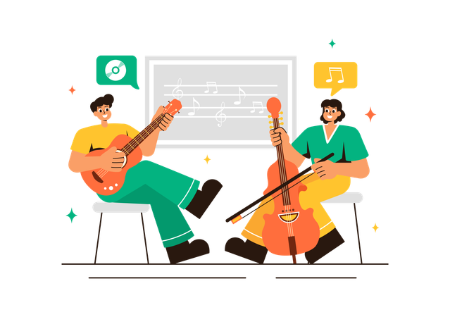 子供たちは音楽学校で楽器の演奏を学びます  イラスト