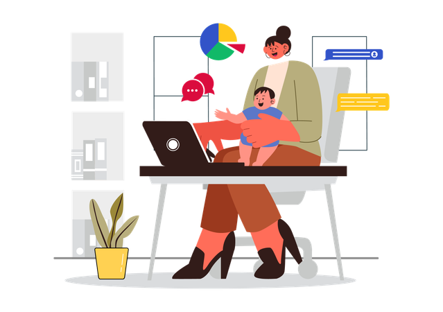 在宅勤務をする母親  イラスト