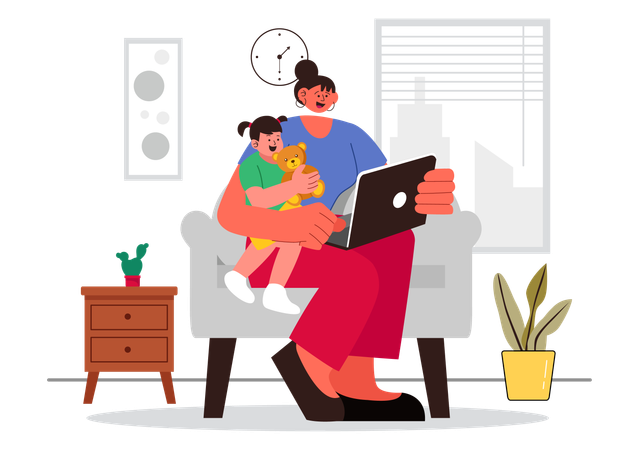 自宅から電話を受ける女性  イラスト