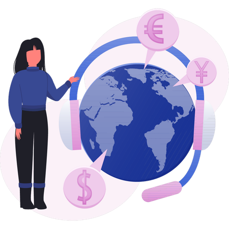 世界のお金を示す女性  イラスト